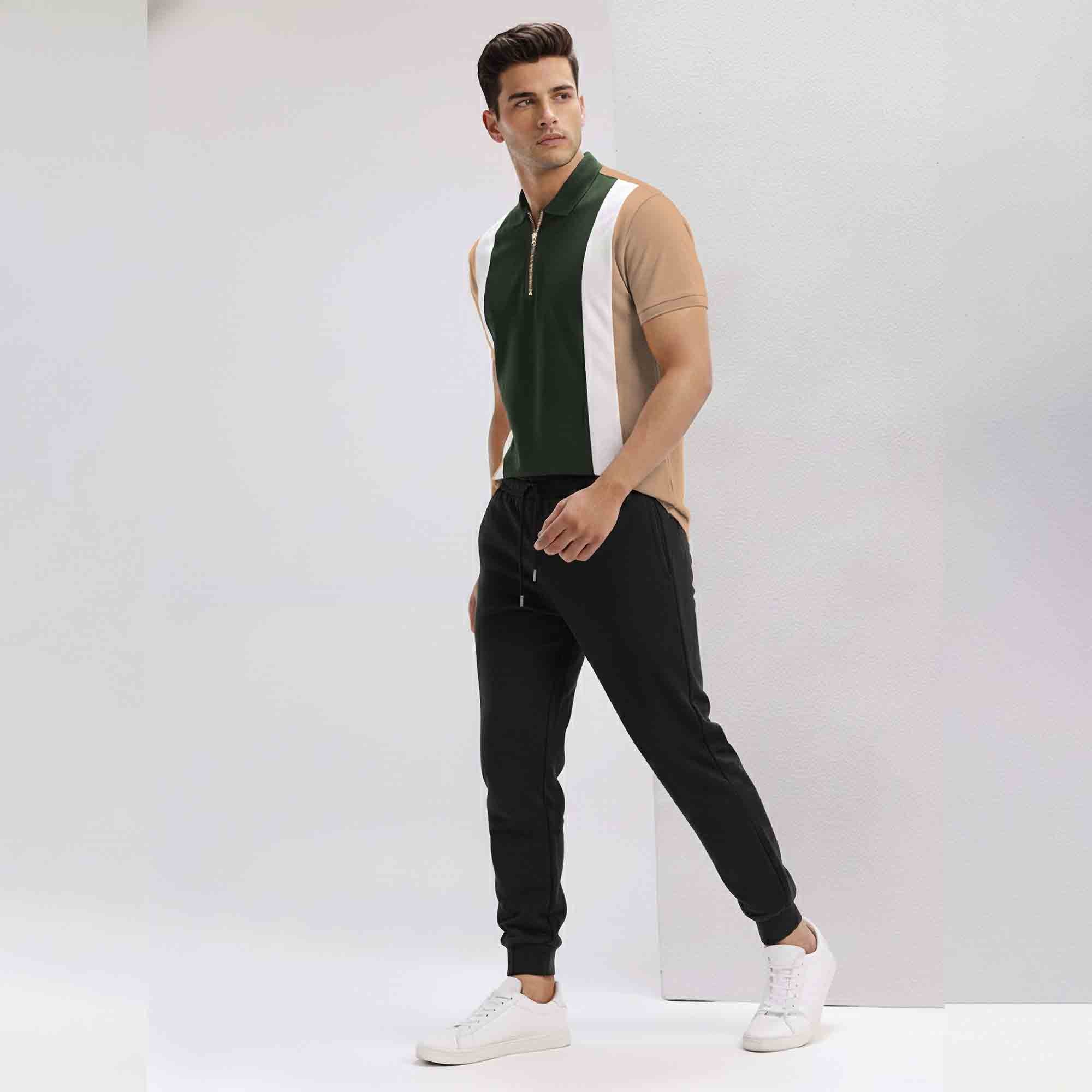 Mens Casual Tracksuit Set with Polo Beige T-Shirt - Black Jogger