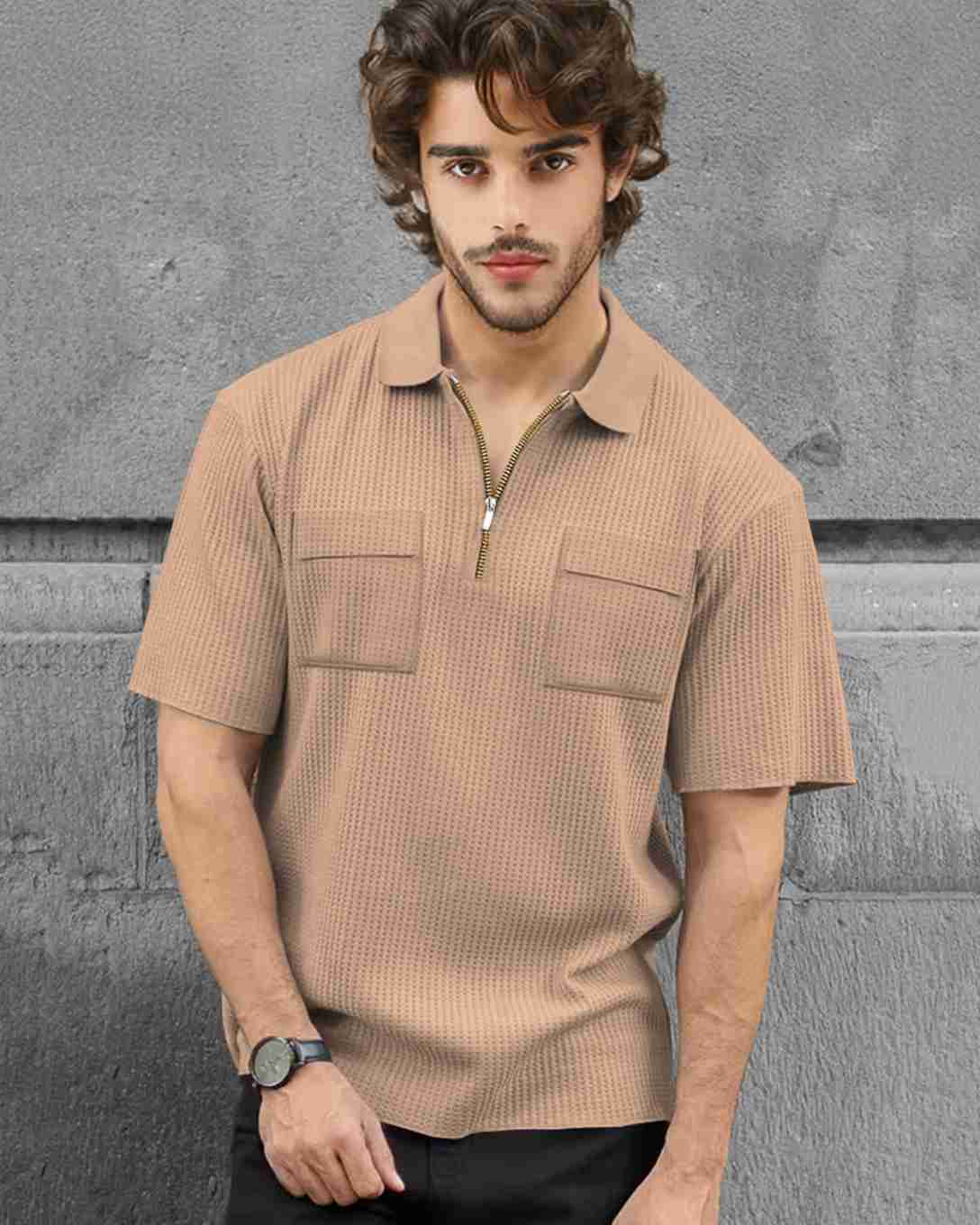 Men Half Sleeve Double Pocket Beige Waffle T-shirt