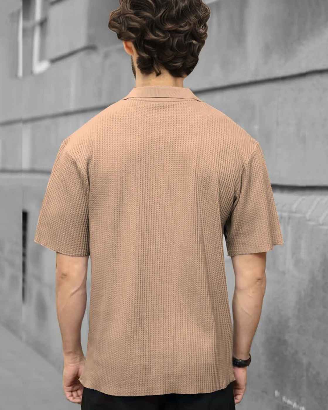Men Half Sleeve Double Pocket Beige Waffle T-shirt