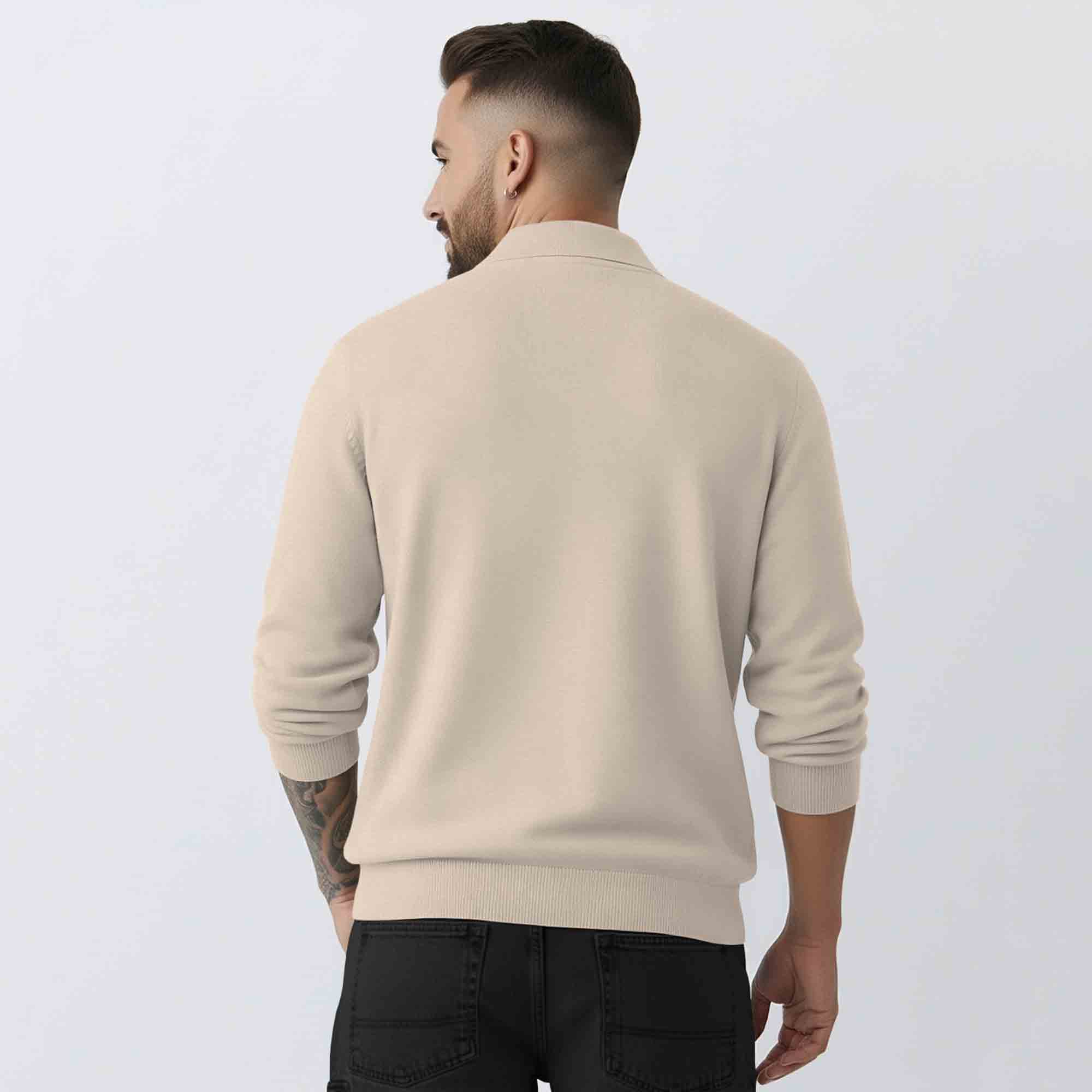 Mens Classic Polo Neck Solid Sweatshirt Beige