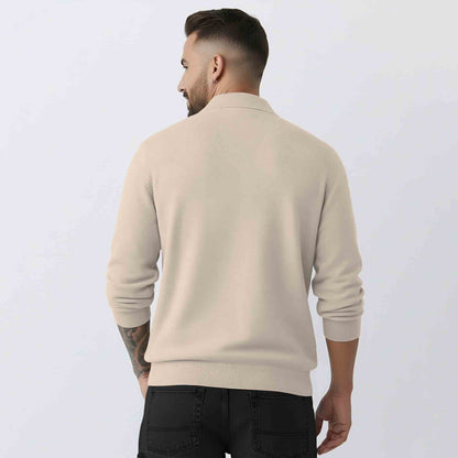 Mens Classic Polo Neck Solid Sweatshirt Beige