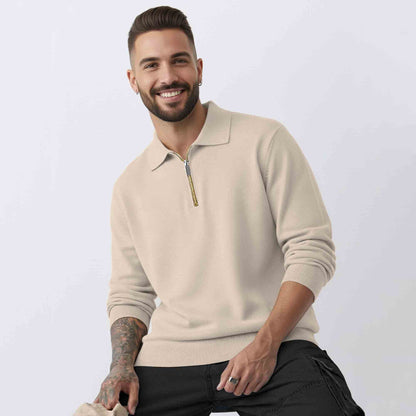 Mens Beige Quarter Zip Full Sleeve Plain Polo Fit Sweatshirt