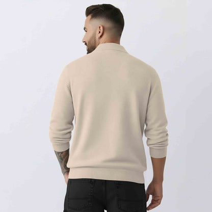 Mens Beige Quarter Zip Full Sleeve Plain Polo Fit Sweatshirt