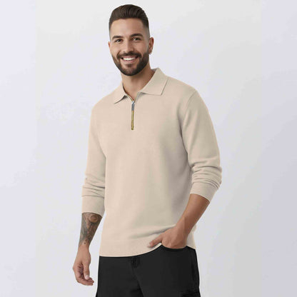 Mens Beige Quarter Zip Full Sleeve Plain Polo Fit Sweatshirt