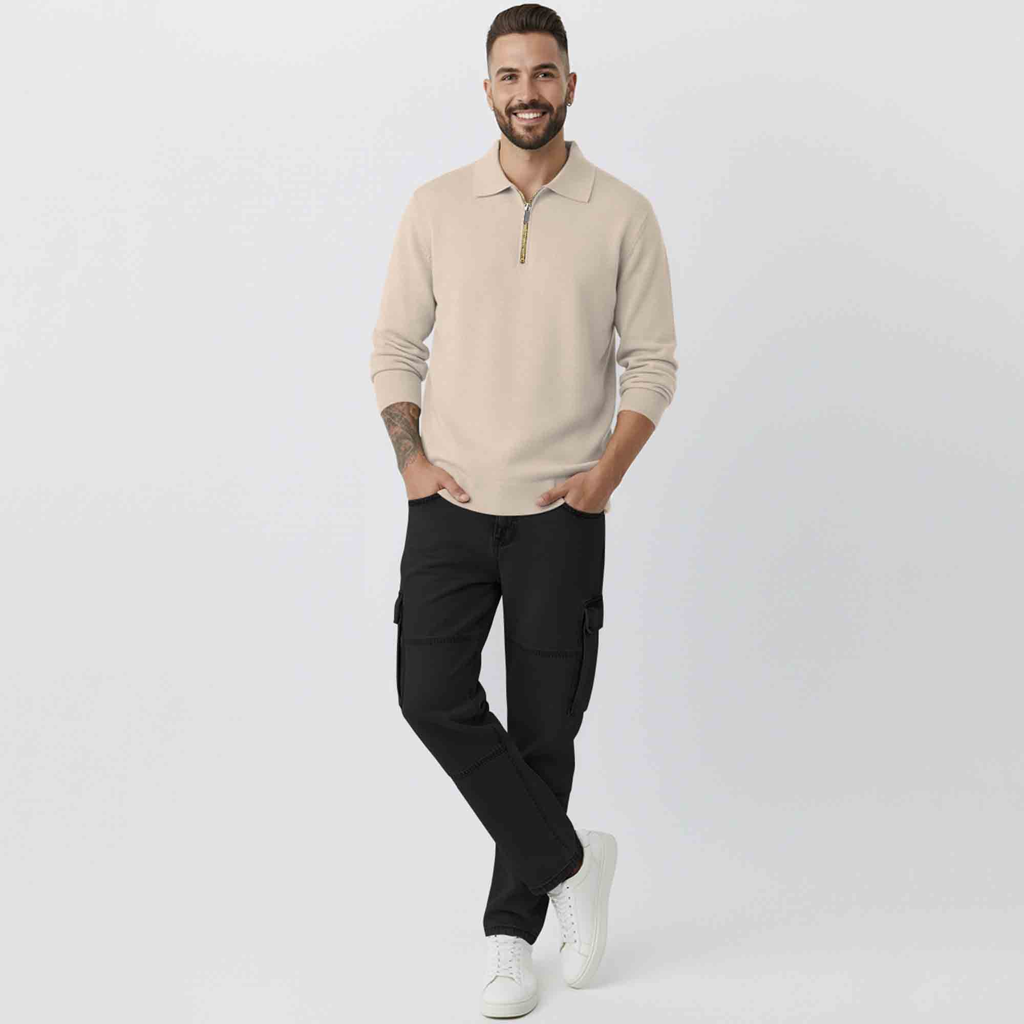 Mens Beige Quarter Zip Full Sleeve Plain Polo Fit Sweatshirt