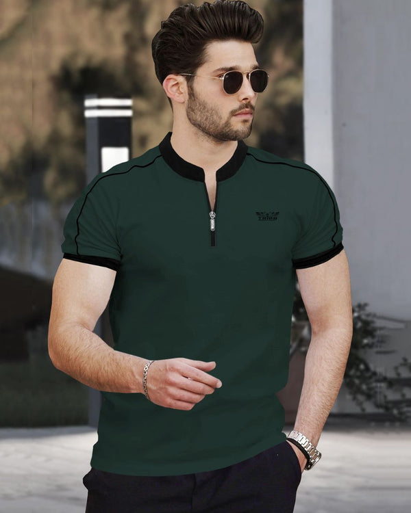 Men Mandarin Collar Beach Green Half Sleeve Zip Black Piping T-shirt