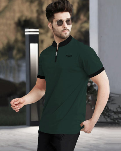 Men Mandarin Collar Beach Green Half Sleeve Zip Black Piping T-shirt