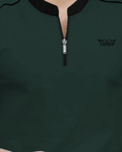 Men Mandarin Collar Beach Green Half Sleeve Zip Black Piping T-shirt