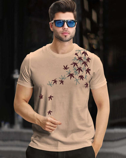 Feather Printed Half Sleeve Round Neck Mens T-shirt / Beige