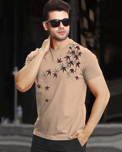 Feather Printed Half Sleeve Round Neck Mens T-shirt / Beige