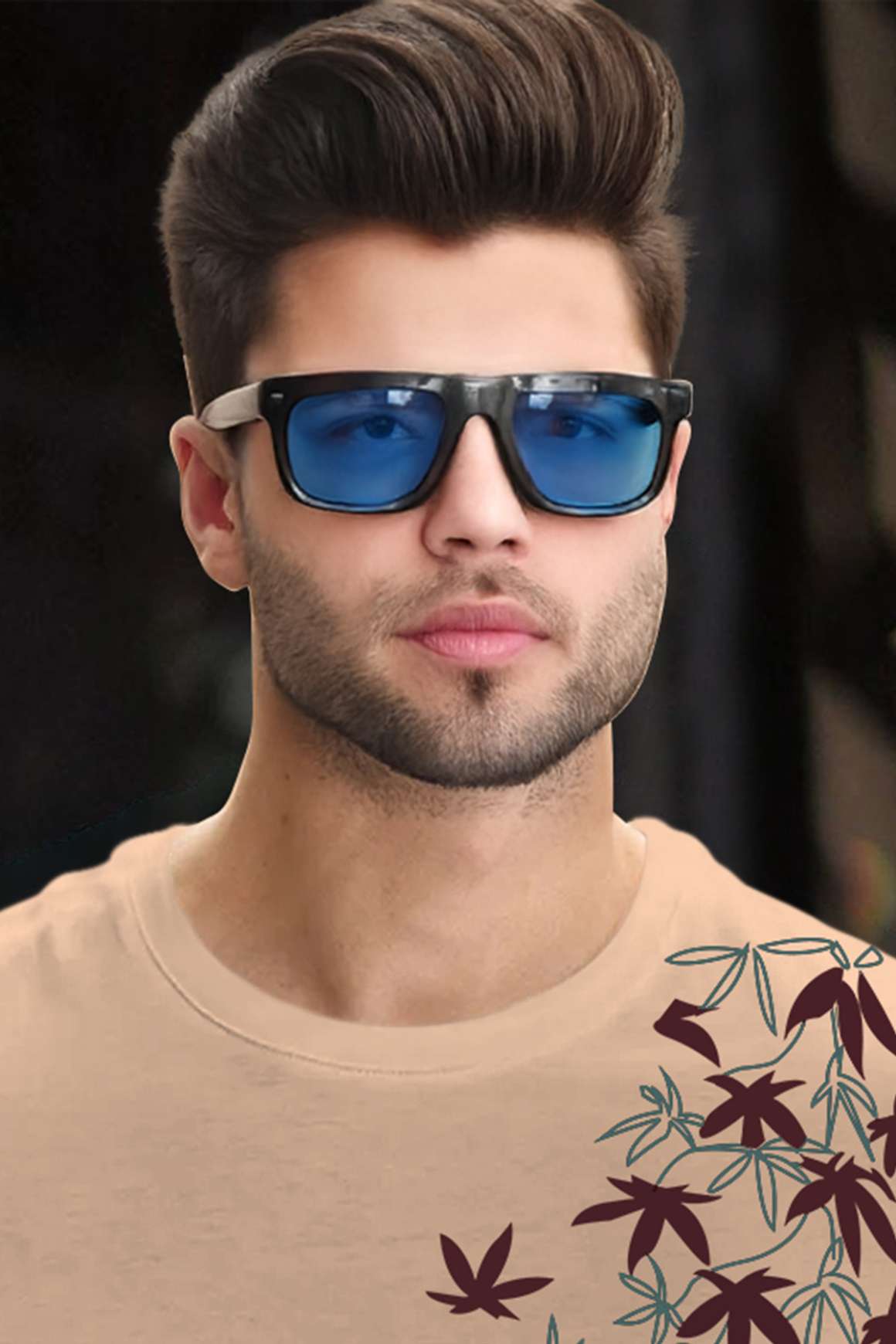 Feather Printed Half Sleeve Round Neck Mens T-shirt / Beige