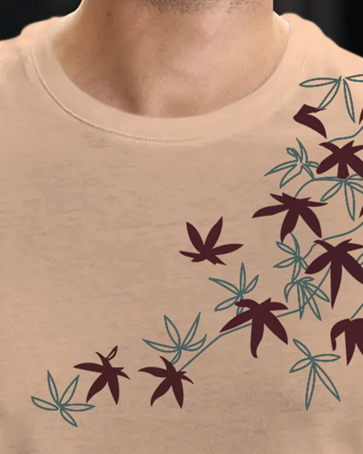 Feather Printed Half Sleeve Round Neck Mens T-shirt / Beige