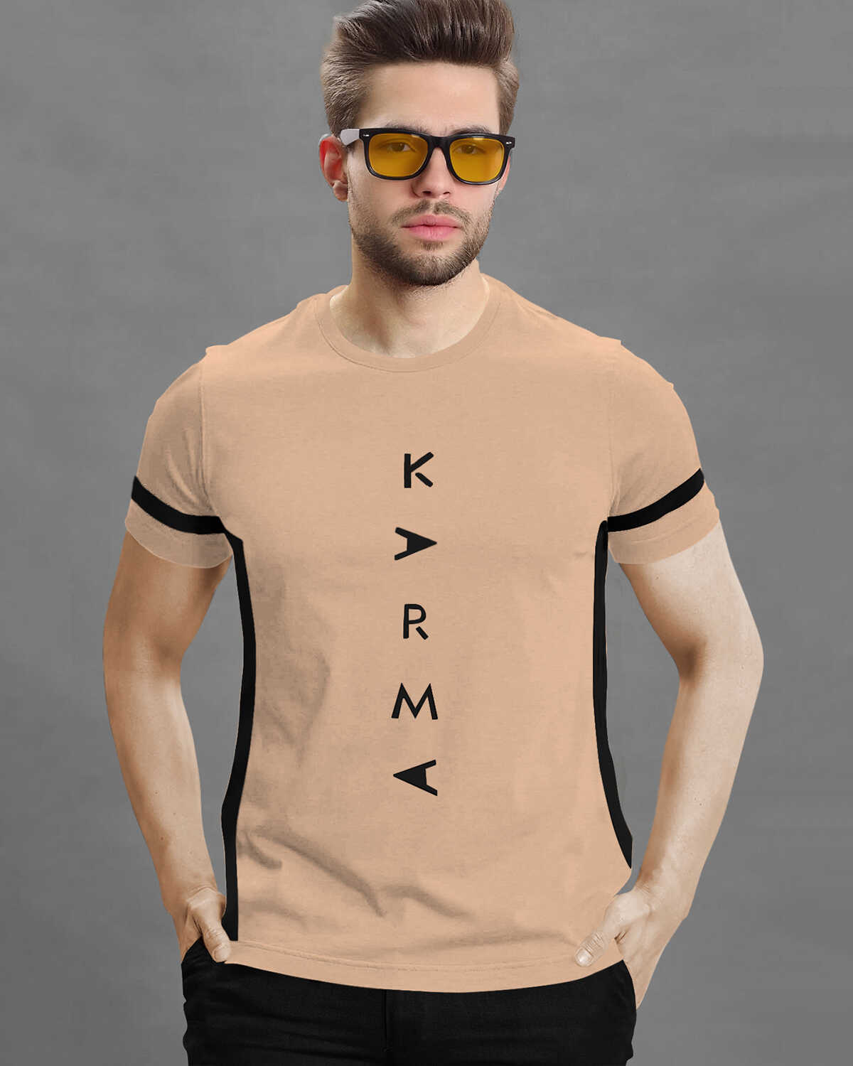 Men Printed Half Sleeve Round Neck Beige Cotton Blend T-Shirt