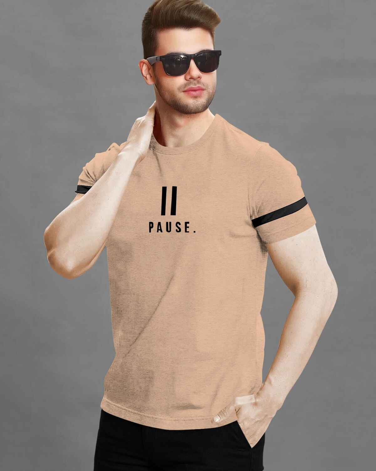 Men Printed Half Sleeve Round Neck Cotton Blend Beige T-Shirt