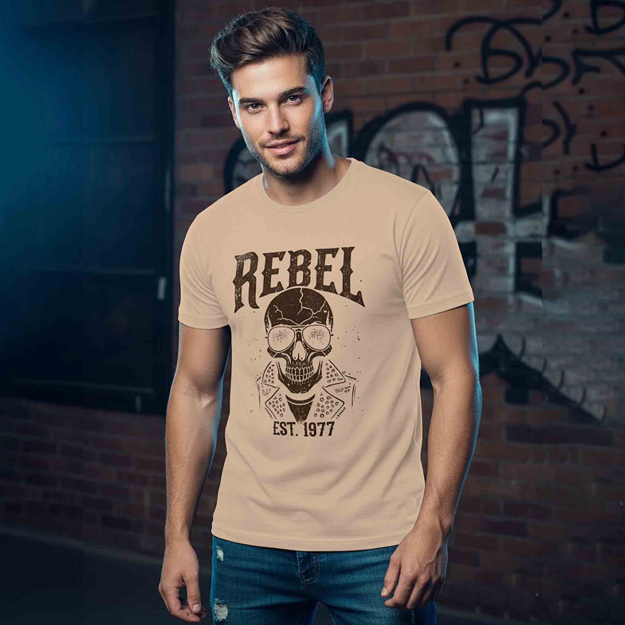 Men Half Sleeve REBEL Printed Cotton Blend Tshirt Beige