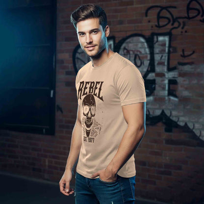 Men Half Sleeve REBEL Printed Cotton Blend Tshirt Beige
