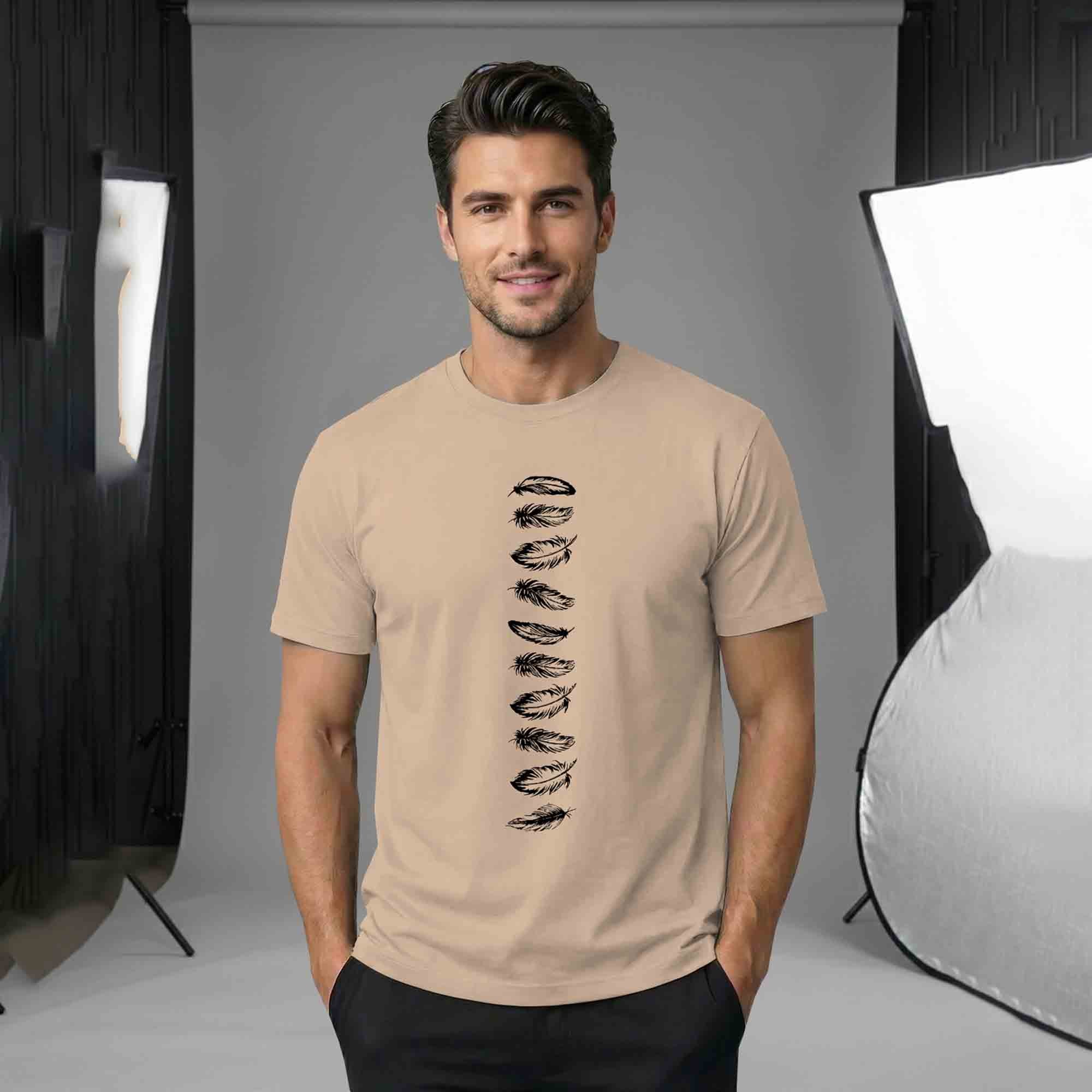 Half Sleeve Printed Round Neck Cotton Blend TShirt Beige