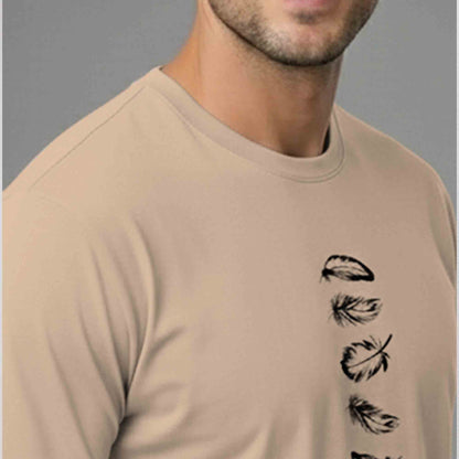 Half Sleeve Printed Round Neck Cotton Blend TShirt Beige