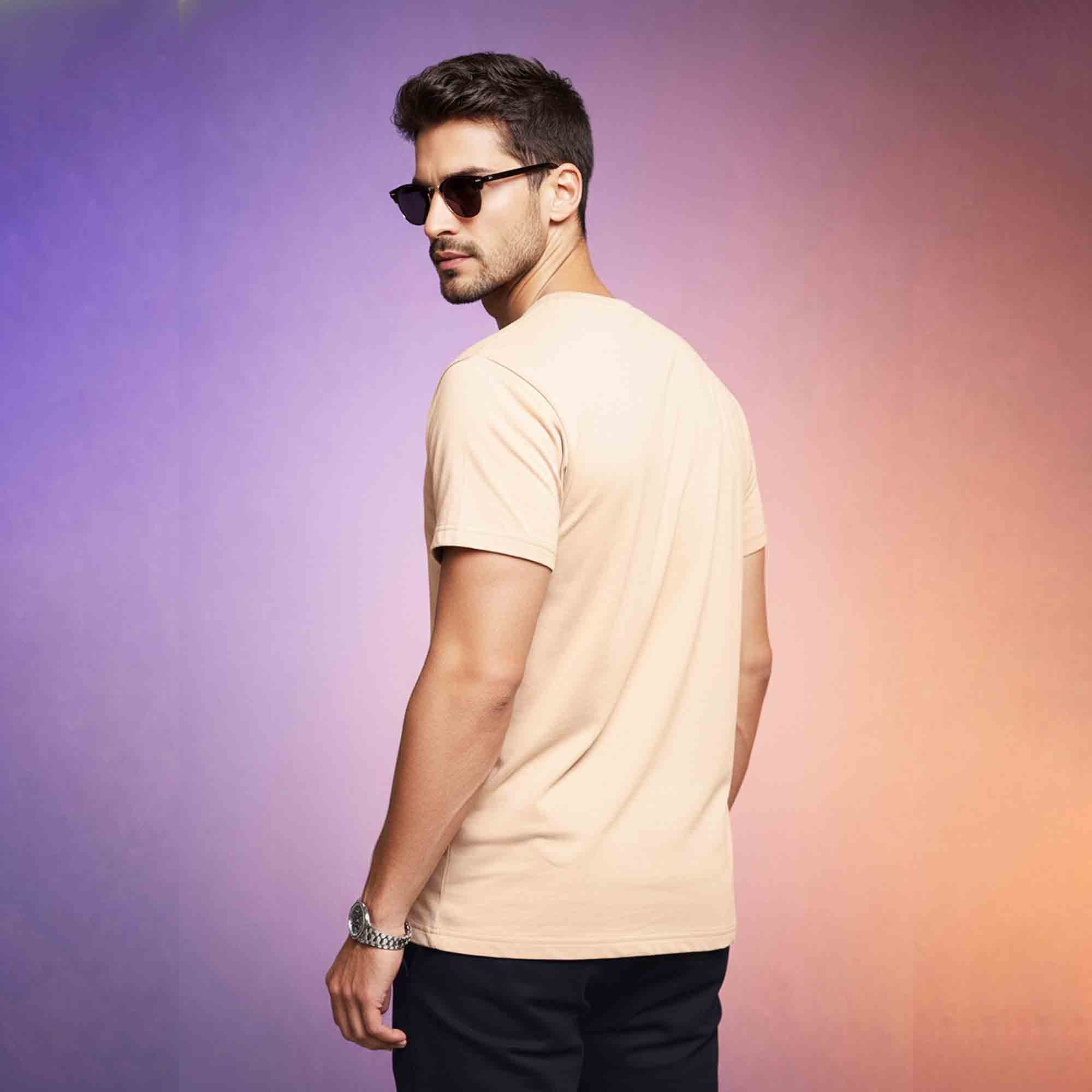 Mens Half Round Neck DREAM Printed Tshirt Beige