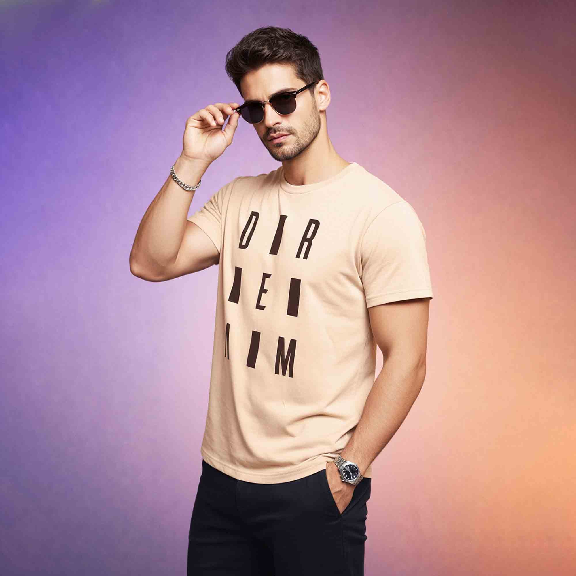 Mens Half Round Neck DREAM Printed Tshirt Beige