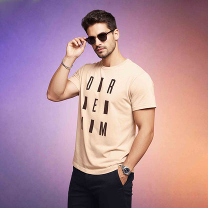 Mens Half Round Neck DREAM Printed Tshirt Beige