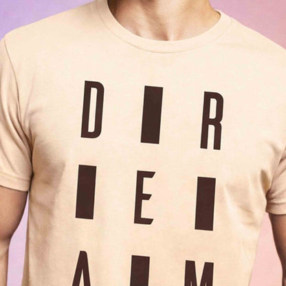 Mens Half Round Neck DREAM Printed Tshirt Beige