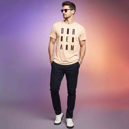 Mens Half Round Neck DREAM Printed Tshirt Beige
