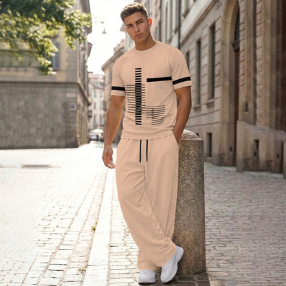 Men Tracksuit Round Neck Printed Tshirts Loose Fit Plain Trackpants