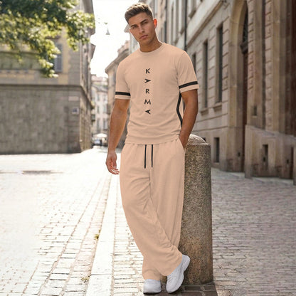 Men Tracksuit Round Neck Printed Tshirts Loose Fit Plain Trackpants