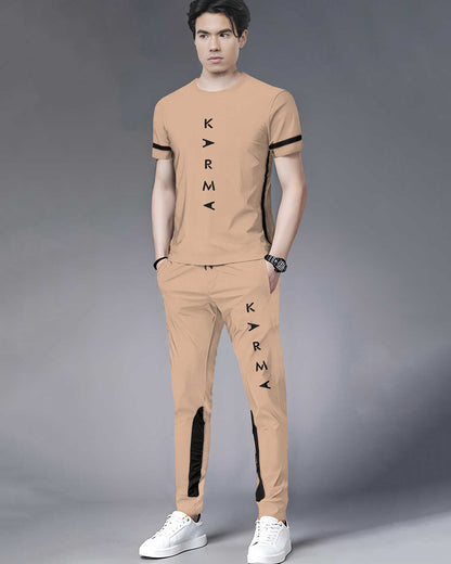 Tracksuit For Men Beige Printed Half T-shirt & Beige Printed Trackpant