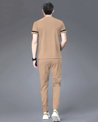 Tracksuit For Men Beige Printed Half T-shirt & Beige Printed Trackpant