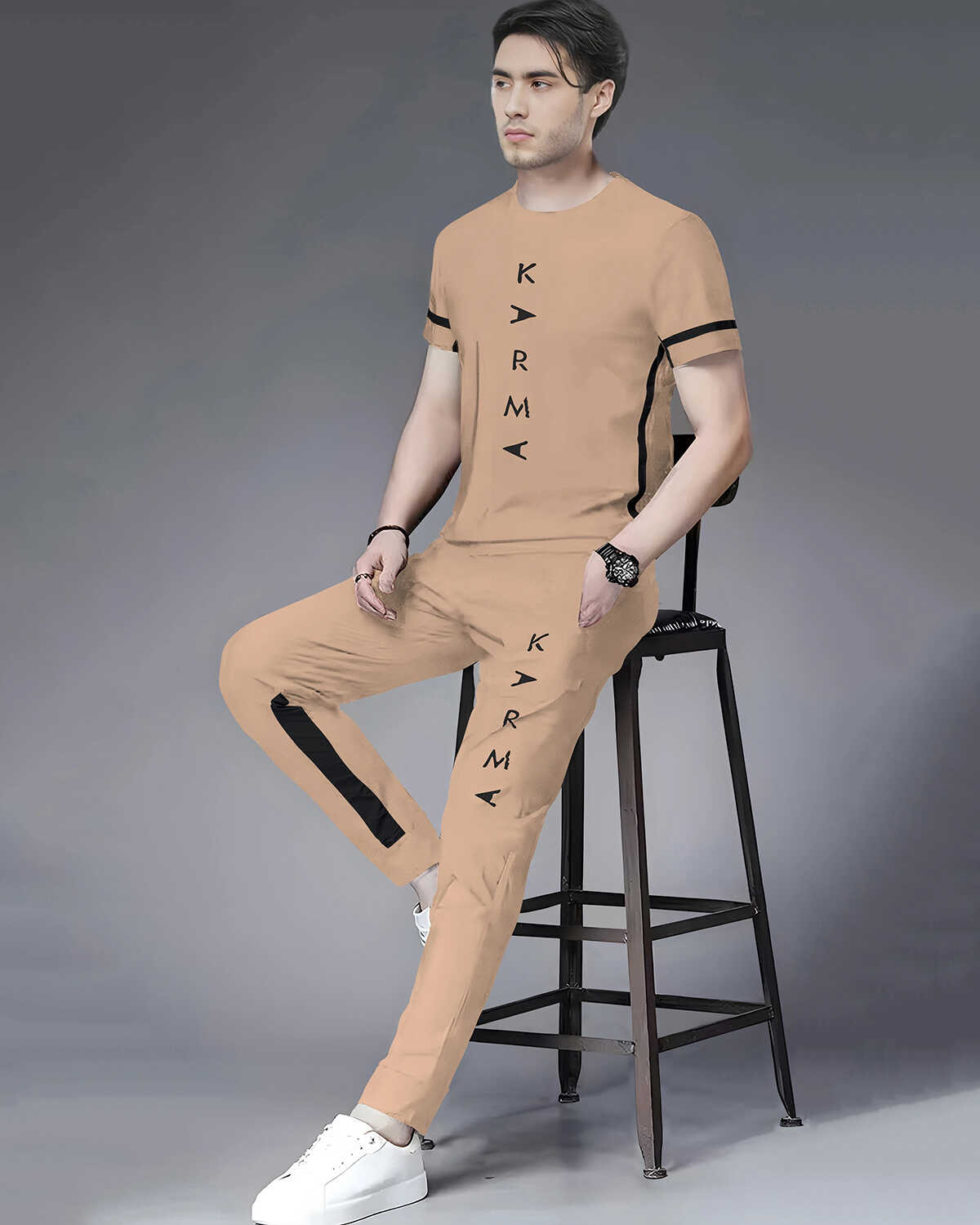 Tracksuit For Men Beige Printed Half T-shirt & Beige Printed Trackpant