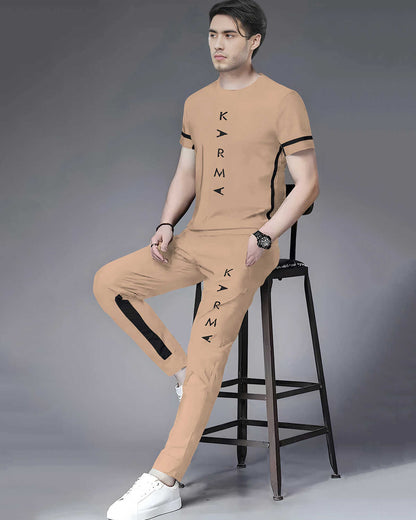 Tracksuit For Men Beige Printed Half T-shirt & Beige Printed Trackpant