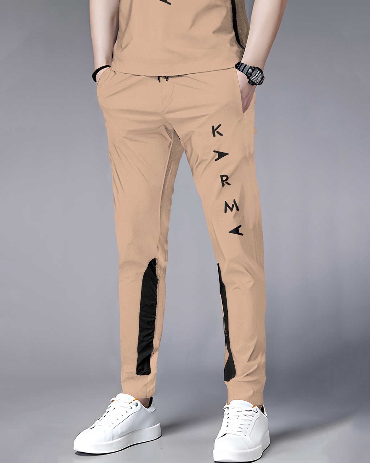 Tracksuit For Men Beige Printed Half T-shirt & Beige Printed Trackpant