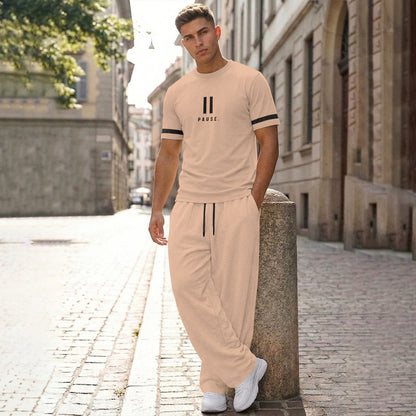 Men Tracksuit Round Neck Printed Tshirts Loose Fit Plain Trackpants