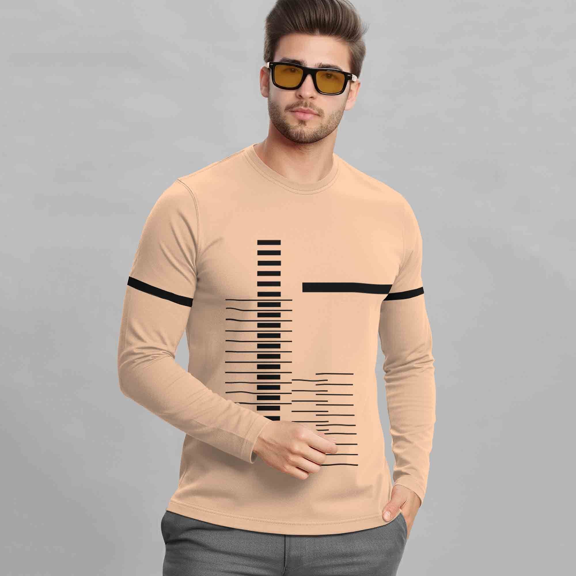 Beige Printed Full Sleeve Round Neck Cotton Blend T-Shirt