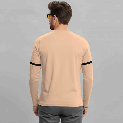 Beige Printed Full Sleeve Round Neck Cotton Blend T-Shirt