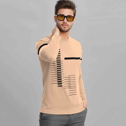 Beige Printed Full Sleeve Round Neck Cotton Blend T-Shirt
