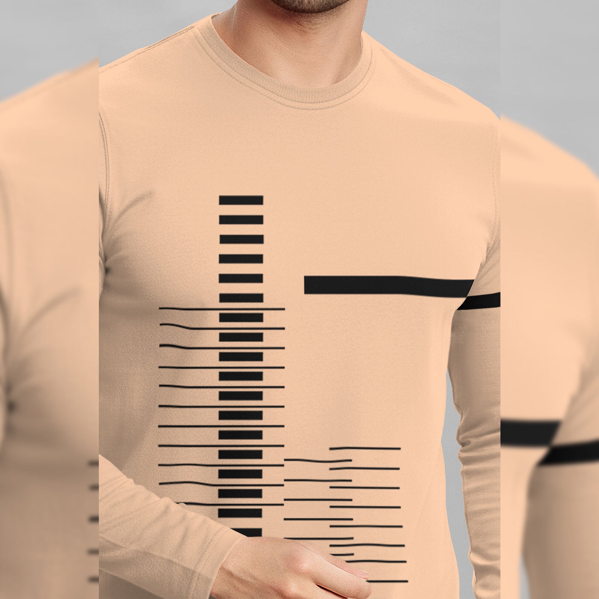 Beige Printed Full Sleeve Round Neck Cotton Blend T-Shirt