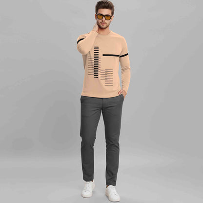 Beige Printed Full Sleeve Round Neck Cotton Blend T-Shirt