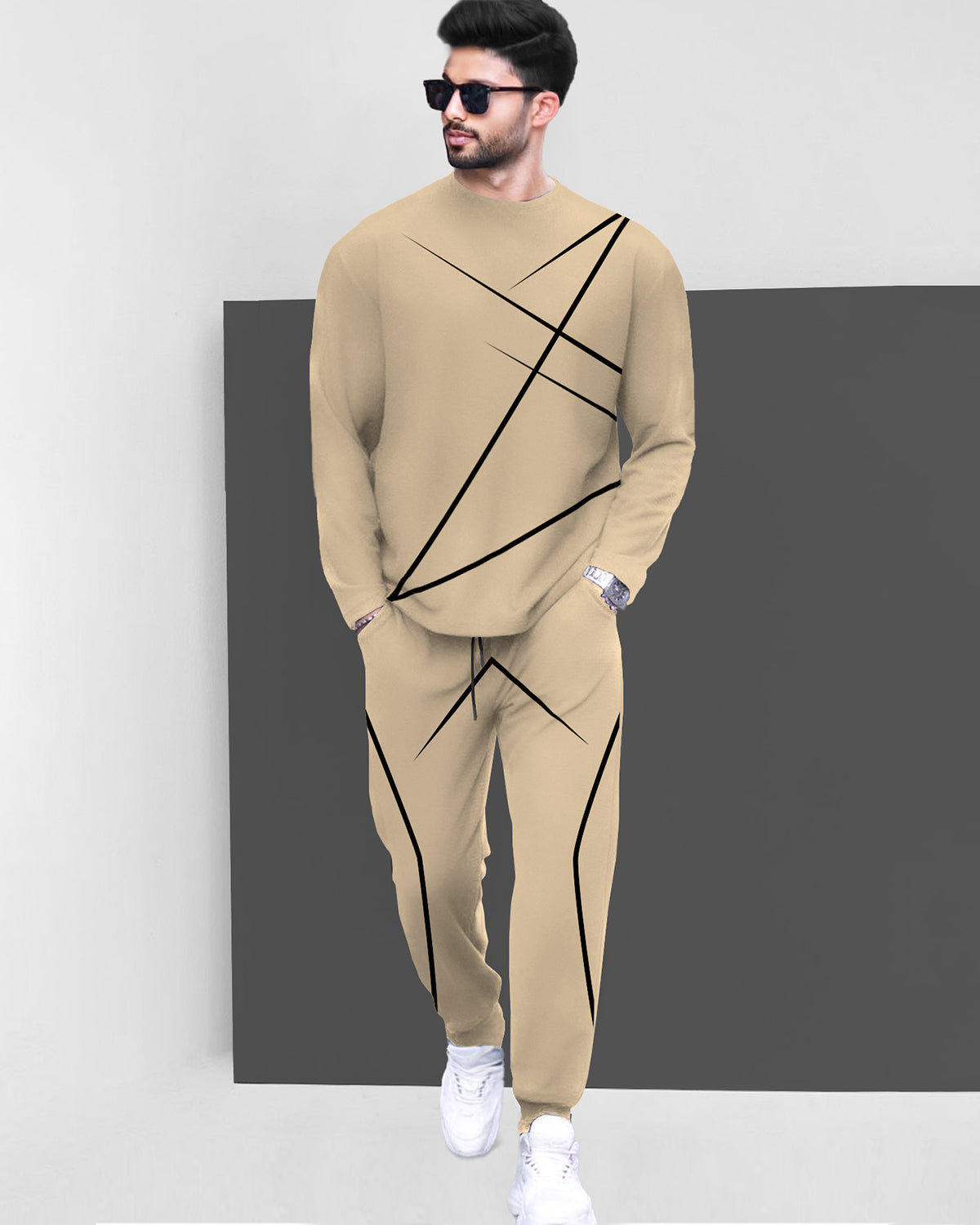 Round Neck Full Sleeve Beige T-shirt with Beige Trackpant Mens Tracksuit