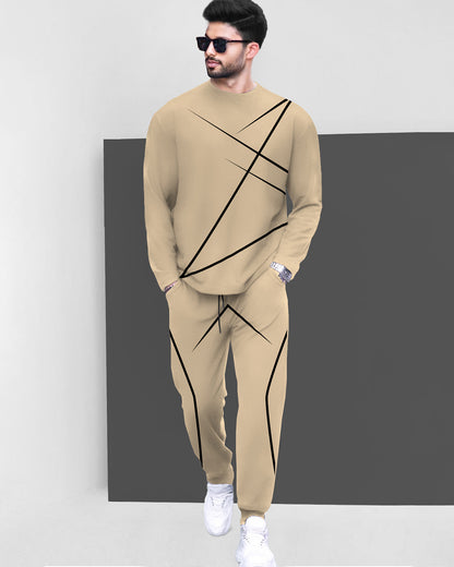 Round Neck Full Sleeve Beige T-shirt with Beige Trackpant Mens Tracksuit