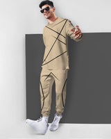 Mens Tracksuit - Round Neck Full Sleeve Beige T-shirt / Beige Trackpant