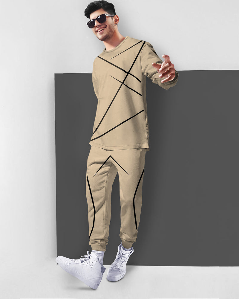 Mens Tracksuit - Round Neck Full Sleeve Beige T-shirt / Beige Trackpant