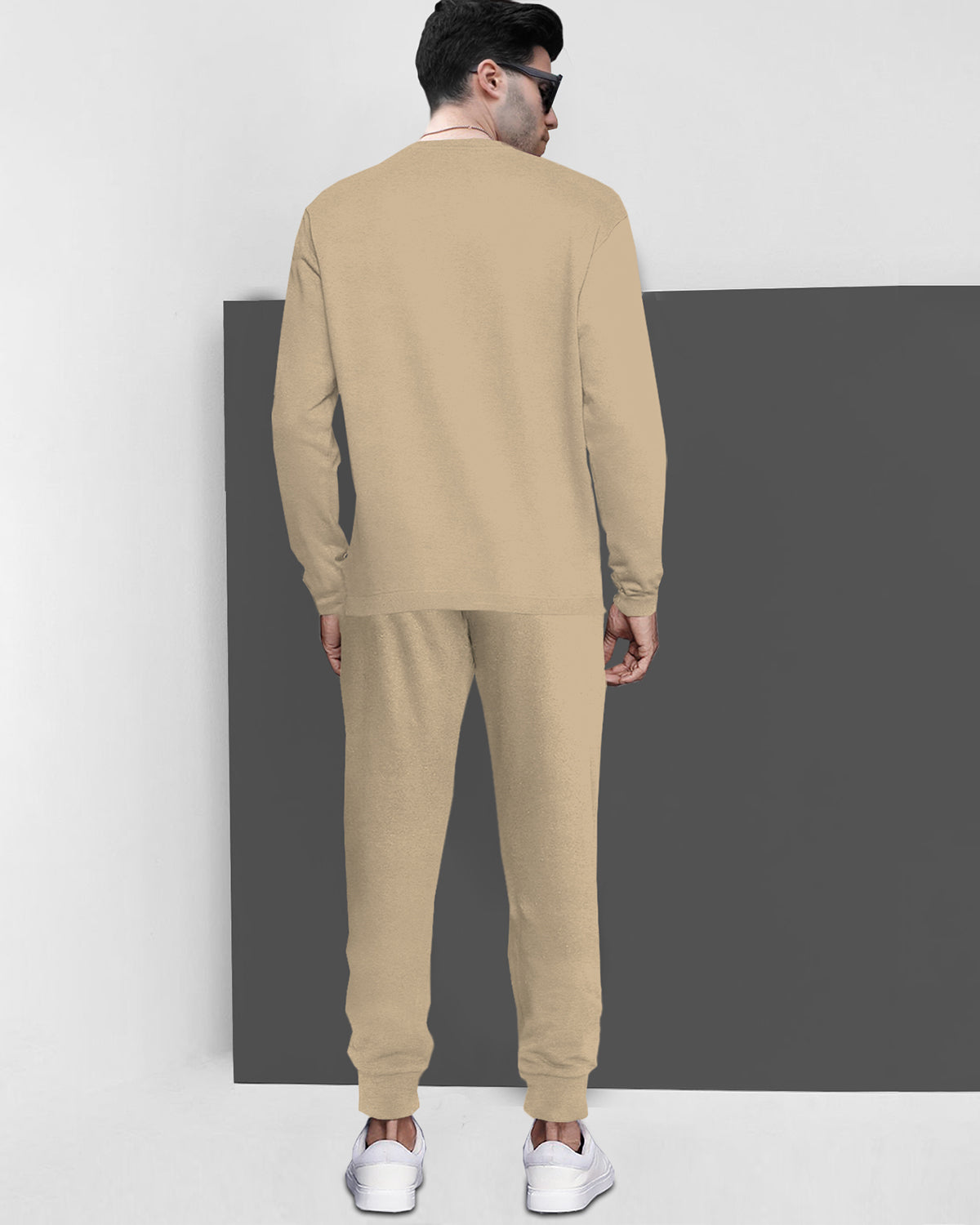 Round Neck Full Sleeve Beige T-shirt with Beige Trackpant Mens Tracksuit