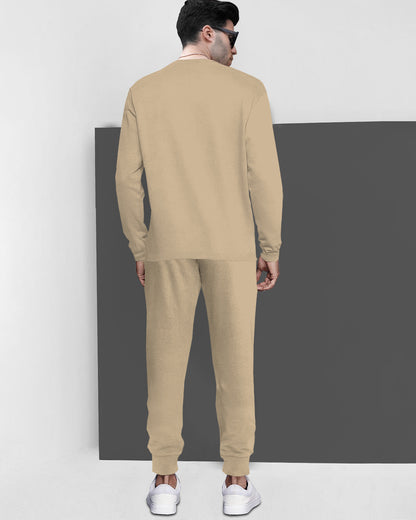 Round Neck Full Sleeve Beige T-shirt with Beige Trackpant Mens Tracksuit