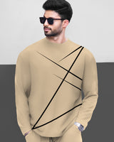 Mens Tracksuit - Round Neck Full Sleeve Beige T-shirt / Beige Trackpant