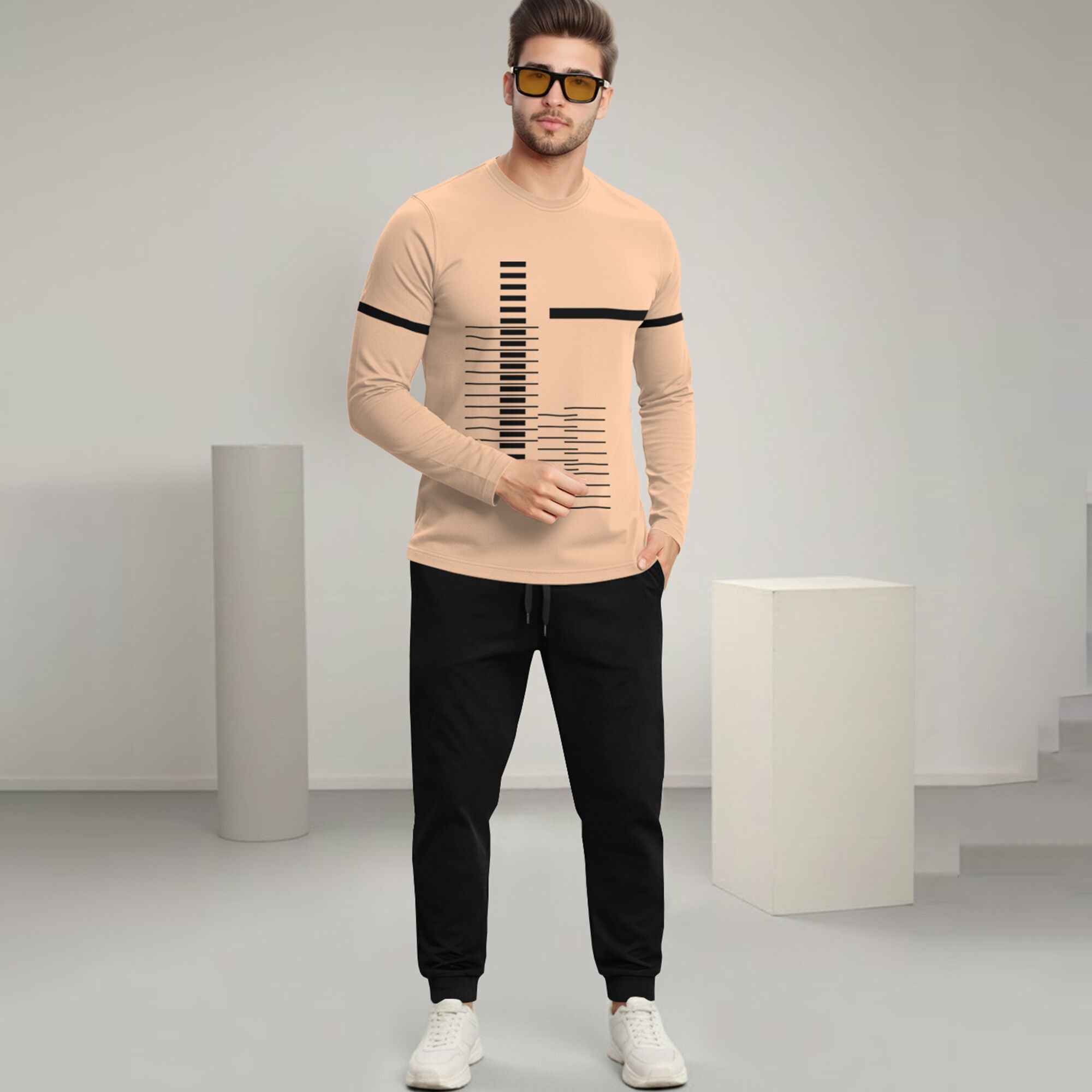 Out Fit Set Full Sleeve Printed Beige Tshirt Matching Black Trackpant