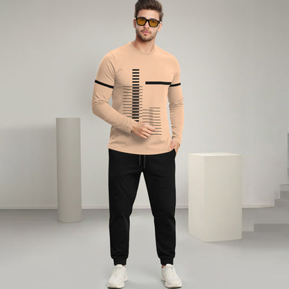 Out Fit Set Full Sleeve Printed Beige Tshirt Matching Black Trackpant