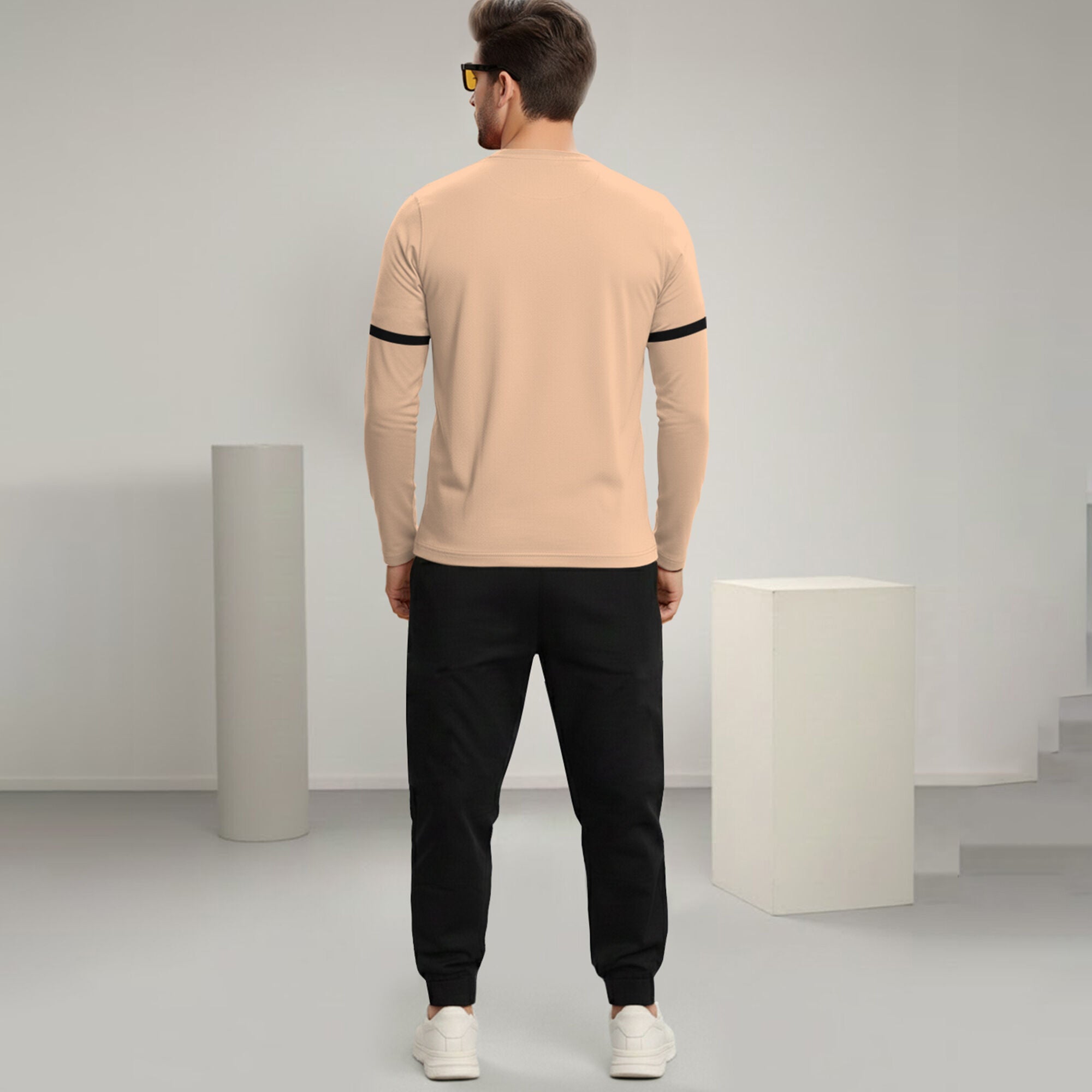 Out Fit Set Full Sleeve Printed Beige Tshirt Matching Black Trackpant